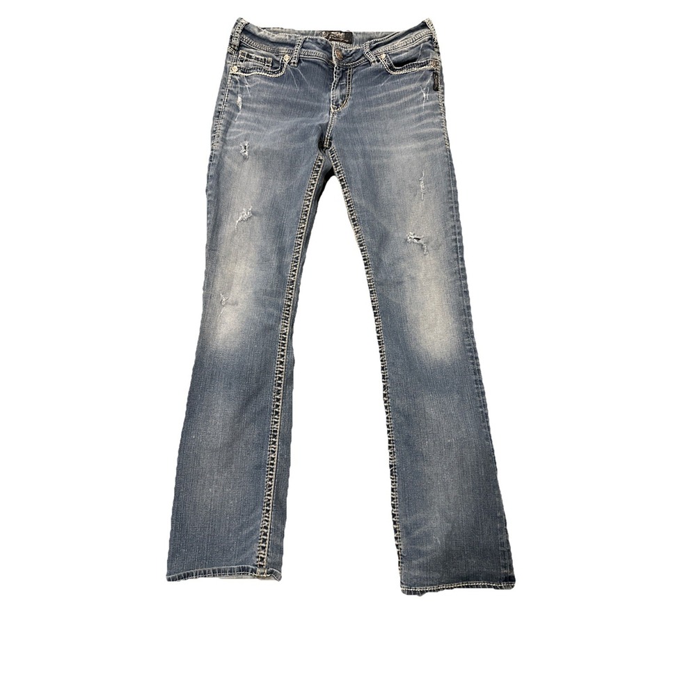 Silver Jeans Suki Mid Slim Boot Womens 30x33 Distressed Blue Denim Jeans